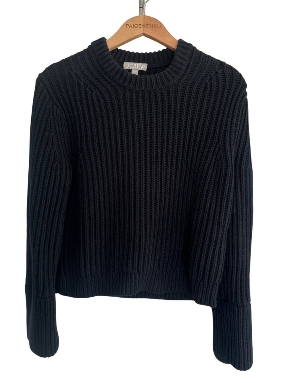 J Crew Womens Heritage Cotton Fisherman Crewneck Sweater Size S Black Chunky